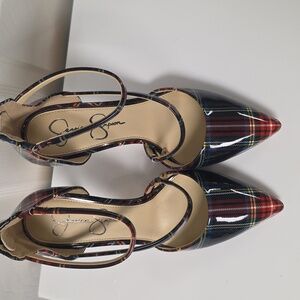 Jessica Simpson Plaid Heels - Red and Blue Size 8 (38 1/2) As On Bottom Of Shoe.
